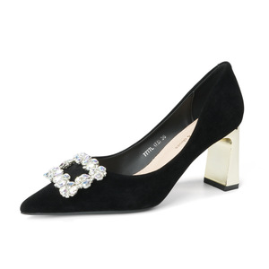 Zapatos de Tacón Alto 7777L-223 con Punta Puntiaguda, Terciopelo Negro, Decorados con Pedrería, Tacón Cuadrado, Zapatos de Novia, Tacón de 5cm-8cm - Product Image 5