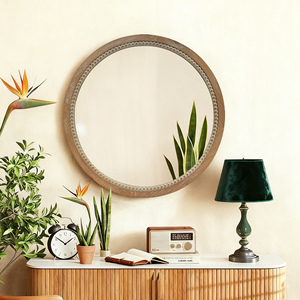 <b>Round</b> Distressed Wood Beaded Wall <b>Mirror</b> 23.62 In Farmhouse Vintage Accent <b>Mirror</b> For <b>Bathroom</b> Bedroom Entryway Rustic - Product Image 3