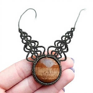Handmade Macrame Statement Necklace with Tiger Eye Emerald Cut Boho Geometric Design Petrified Wood Bezel Setting Unisex Jewelry - Product Image 1