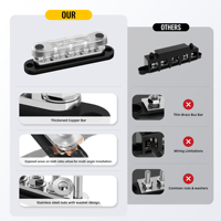 Bloc de jonction de batterie marin 150 ampères avec barre omnibus, 5 bornes M6 de 1/4 pouce, avec couvercle pour applications automobiles, bateaux et solaires