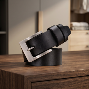 Ceinture carrée en cuir de vachette 100% original noir antique avec boucle ardillon en acier inoxydable robuste, de marque célèbre, pour hommes, décontractée et écologique - Product Image 1