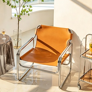Fauteuil Bauhaus au design moderne et épuré, fauteuil de salon en cuir pleine fleur et acier inoxydable, fauteuil inclinable individuel pour la maison - Product Image 3