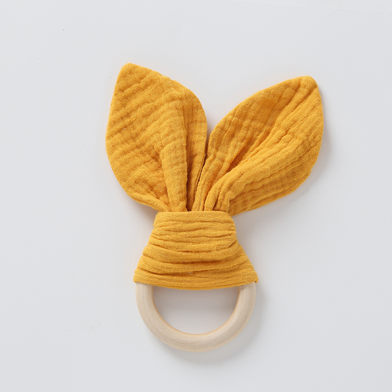 Оптовая продажа, детский деревянный Прорезыватель-погремушка из мягкого муслина с милыми ушками кролика