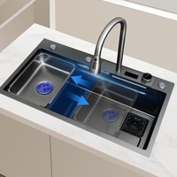 Sus201/304 Évier de cuisine intelligent multifonctionnel en acier inoxydable, encastré à la main, bol unique, nano, traitement de surface, rinceur de verre