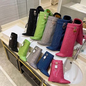 Bottines pour femme Shark Lock Fashion à talon compensé, ornées de strass brillants, bottes courtes pour femmes - Product Image 6