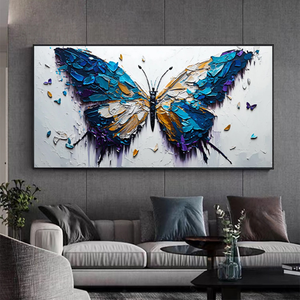 100% Vẽ Tay Màu Xanh Bướm Tường Nghệ Thuật Vải Sơn Dầu Handmade Dao 3D Kết Cấu Vải Tác Thuật Cho Phòng Khách - Product Image 2