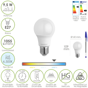 Bombilla LED estándar, base de rosca E27. 9.5 vatios. Equivalente a 75 vatios. 1055 lúmenes. Blanco Frío (6500K). - Product Image 1