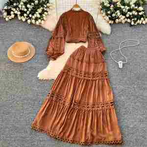 Winter Casual 2-Piece Set Women Lantern Sleeve Crop <b>Top</b> High Waist Patchwork Lace Woven Breathable Anti-wrinkle Skirts Wholesale - Product Image 4