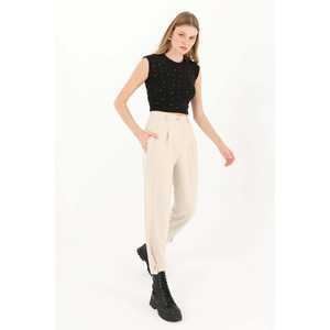 Pantalon droit beige taille haute pour femme avec plis avant et fermeture boutonnée, anti-plis - Product Image 5