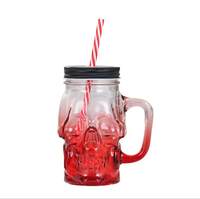 Bouteille en verre en forme de crâne de 480 ml (16 oz) avec poignée, paille et couvercle à vis – Mug à grimaces, pot à boire, bocal Mason en verre
