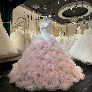 Robe de mariée en tulle rose Lsml083 avec fleurs 3D et détails en plumes, bustier, rêveuse et romantique pour des mariages de <span class=keywords><strong>conte</strong></span> de fées Jancember - Product Image 4