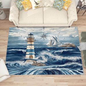 Tapis lavable nautique avec motif boussole <span class=keywords><strong>maritime</strong></span>, vagues océaniques, phare et voilier, pour salon, chambre à coucher, décoration intérieure pour garçons - Product Image 2