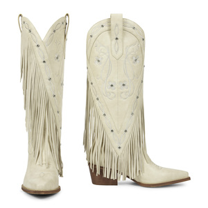 WETKISS Bottes de cowgirl occidentales à bout pointu pour femme, brodées, à franges, hauteur genou, motif floral, talon épais rétro, vente en gros - Product Image 1