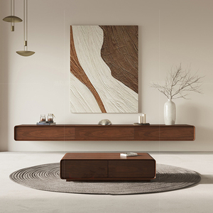 <span class=keywords><strong>Meuble</strong></span> <span class=keywords><strong>TV</strong></span> Noyer Bois Massif Suspendu, Combinaison Table Basse, Design Mural Moderne et Minimaliste - Product Image 1