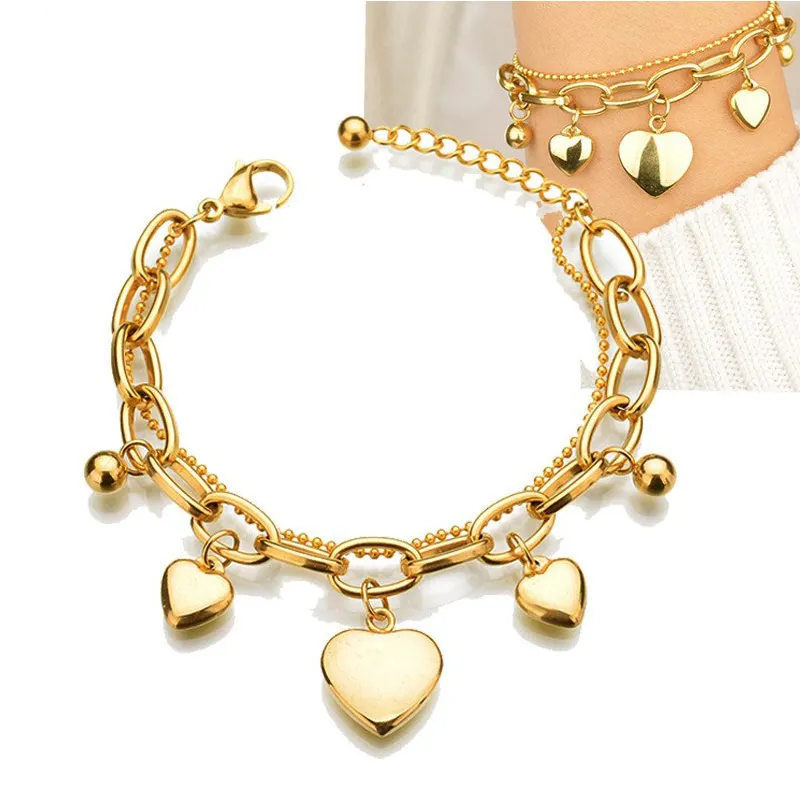 Trendy Fashion Double Layer Chain Link Ladies Jewelry Stainless Steel 18K Gold Hand Chain Bracelet With Heart Shaped Charms