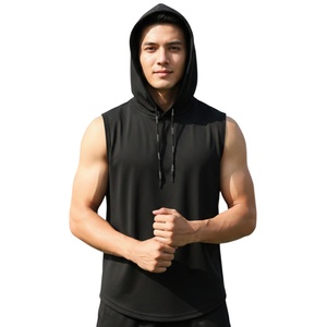 Chaleco sin mangas para hombre con dobladillo curvo, 100% algodón, con capucha TKAN994D, negro liso, informal, holgado, estilo urbano, para gimnasio, camisetas sin mangas a bajo precio - Product Image 1