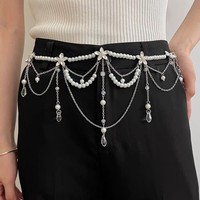 JULUN Modische Taillenkette Elegante Mehrschichtige Perlenkette Taillengürtel mit Schmetterling-Kreuz-Anhänger Hosenkette für Kleider