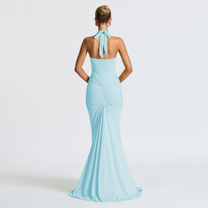 Vestido de Noche Largo con Cuello Halter, Escote en V Profundo, Espalda Descubierta, Cola de Pez, Cintura Natural, Elegante, Color Sólido, Formal - Product Image 4