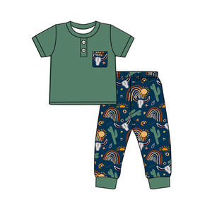 प्रीऑर्डर कस्टम बेबी लड़कों टॉडलर वेस्टर्न काउबॉय ग्रीन कॉटन पॉकेट शर्ट शीर्ष कैक्टस पैंट बुटीक कपड़े सेट - Product Image 1