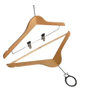 Hotel anti-theft wooden hanger with ring hook black non-slip clip, hang clothes at the same time can hang pants
