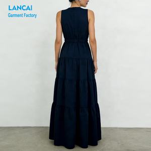 ผู้ผลิตเสื้อผ้าขายส่งเดรสคอวีแขนกุดผ้าฝ้ายฤดูร้อนแบบสั่งทำแบรนด์ส่วนตัวเดรสระบายชั้นและเดรสยาว - Product Image 3