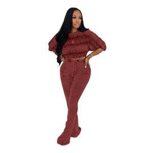 Ensembles deux pièces solides pour femmes, hauts courts à manches longues et col rond, pantalons taille haute amincissants, <span class=keywords><strong>ensemble</strong></span> <span class=keywords><strong>chic</strong></span>, mode féminine, ensembles deux pièces - Product Image 1