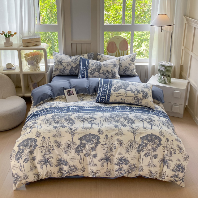 Custom logo 100% Cotton Double-Sided Bedding Set Duvet Cover with Zipper Closure Bed Sheet 2 Pillowcases Duvet Cover Set