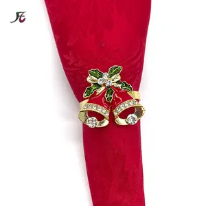 Servilletas de hoja de Metal para Navidad, anillos de hojas verdes y campana roja con anillo de diamante