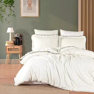 Parure de lit double Karden Flower Epure à volants 100% coton uni avec drap-housse, housse de couette blanche et 2 taies d'oreiller douces pour chambre à coucher - Product Image 4