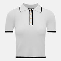 Kaos Wanita Musim Panas Slim Fit Kerah V Gaya Old Money Kontras Lengan Pendek Rajut Pullover Bernapas Kasual Atasan Kancing