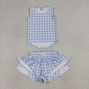 Conjunto Deportivo para Niña, Modelo GSSO3479 RTS, Estampado a Cuadros Azul Claro, Venta al Por Mayor, Ropa de Yoga para Niña, Conjunto Deportivo de Verano sin Mangas - Product Image 2