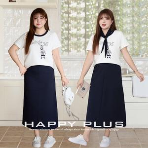 Runqi ชุดเสื้อยืดปักลายไซส์ใหญ่พิเศษสำหรับผู้หญิงเสื้อแขนสั้นและกระโปรงคลุมเข่าสีขาวสีกรมท่า N9209 - Product Image 4