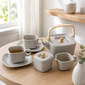 Service à thé et café carré en porcelaine LEXI au design classique, pot à sucre et crème, blanc, durable, capacité 880 ml, logo personnalisable, bois - Product Image 3