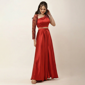 Elegant <b>Red</b> Satin One Shoulder Embroidered <b>Crop</b> <b>top</b> and Sharara Set Evening Dress Solid color Handmade Beads work - Product Image 1