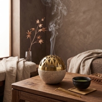 Ensemble Brûleur d'Encens Travertin Marbre Beige Arabe, Boule Ronde en Pierre Mabkhara