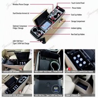 Reposabrazos Universal para Consola Central de Auto con Cargador Inalámbrico Tipo-C de 65W, Portavasos Doble, Luz Ambiental Opcional y Refrigerador con Compresor