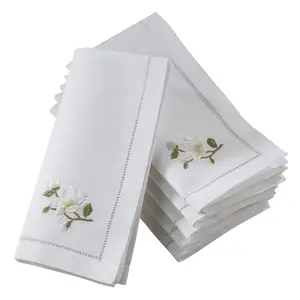 Guardanapo bordado floral 100% algodão, design de flores, guardanapo de mesa de hemstitch de alta qualidade, bordado