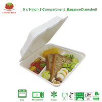 Contenedor de comida tipo clamshell de bagazo blanco de 9 pulgadas con 3 compartimentos, libre de PFAS, compostable, apto para microondas, con tapa, para preparación de comidas y comida para llevar