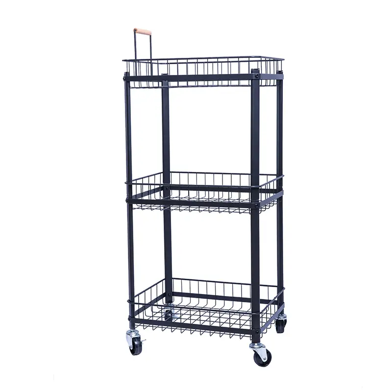 Di alta qualità di 4 tier cucina carrello pieghevole in ferro battuto metallo basketsblack di rotolamento ruota rack di Lavanderia trolley scaffale