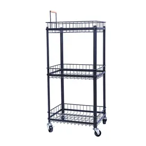 Chất Lượng Cao 4 Tier Bếp Giỏ Rèn Sắt Kim Loại Gấp Basketsblack Nhạc Rolling Wheel Giá Giặt Xe Đẩy Kệ