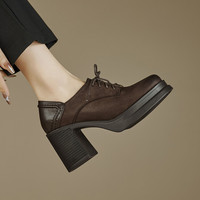 Escarpins vintage marron patchwork de haute qualité pour femmes, nouvelle collection automne 2026, chaussures à talons épais et lacets croisés pour dames
