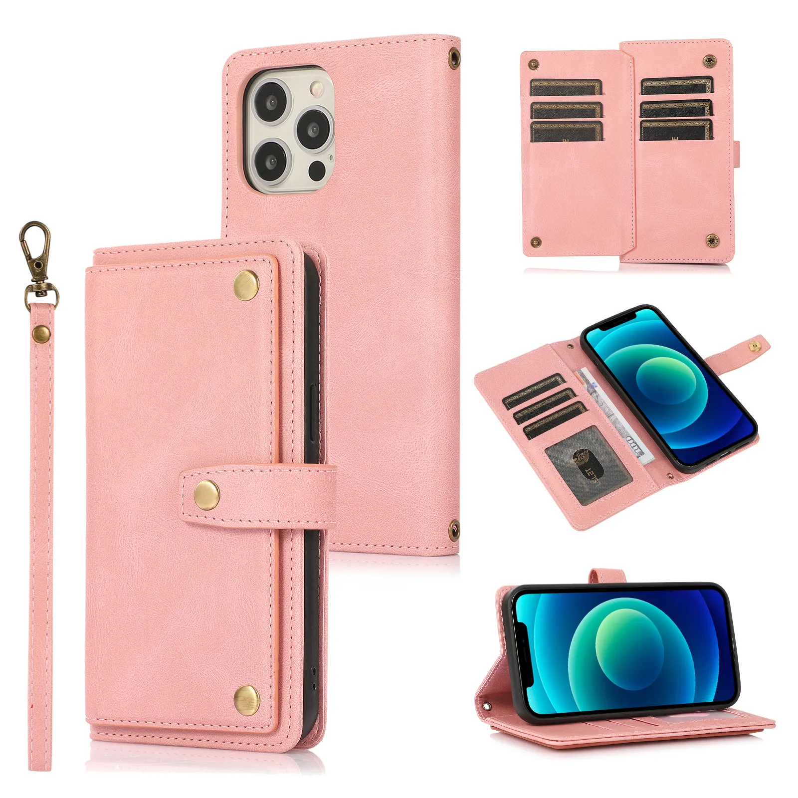 PU Leather Wallet Pouch Mobile Phone Case Factory Cell Phone Leather Cover Bag Skin For Iphone6/7/8/XR/Xs Max/11/12/13 Pro Max