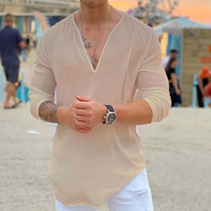 Camicia da <span class=keywords><strong>Uomo</strong></span> di Alta Qualità con <span class=keywords><strong>Scollo</strong></span> a <span class=keywords><strong>V</strong></span>, <span class=keywords><strong>T</strong></span>-<span class=keywords><strong>shirt</strong></span> in Cotone e Lino a Tinta Unita, <span class=keywords><strong>Manica</strong></span> <span class=keywords><strong>Lunga</strong></span> - Product Image 3