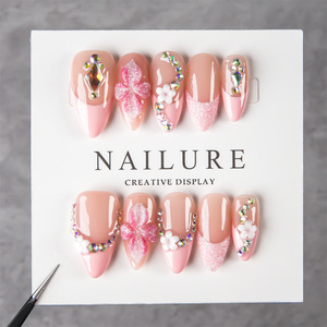 Faux ongles 3D faits main à presser, forme amande moyenne, collection Printemps-Été, style français, motif floral, goutte d'eau, ongles de créateur - Product Image 1