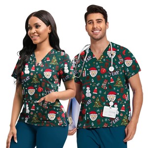 Venta al por mayor de uniformes médicos de enfermería transpirables elásticos uniformes festivos impresos tops médicos de manga corta salones de belleza dental - Product Image 6