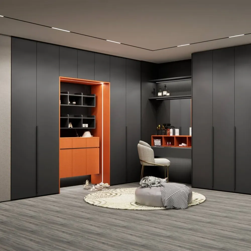 Dark Grey Flat Door Hinge Type L Shape Walk In Closet Bedroom Furniture With Custom Size
