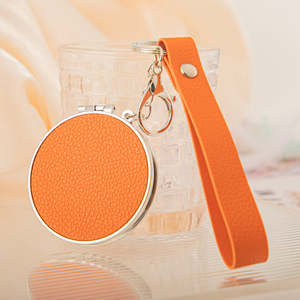 Custom Plastic Double <b>Foldable</b> Compact <b>Mirror</b> Keychain Pocket Makeup <b>Mirror</b> Silver Finish Matching Leather Strap Promotional - Product Image 3