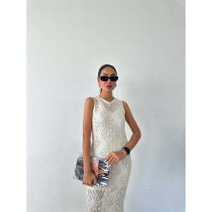 Elegante Vestido de Punto Calado con Cuello Alto, Ajustado, Cintura Natural, Transpirable, Vestido Suéter para Mujer - Product Image 3