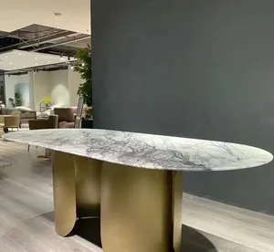 JS D18 Premium Foshan Dining Room Furniture Luxury Oblong Dining Table Hotel Restaurant Dining Desk Metal Leaf Base Gold Finish