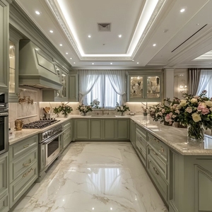 Muebles de Cocina Modernos de Estilo Francés, Gabinetes de Melamina y Madera Sólida, Diseño Verde, Proveedores Directos, para Apartamentos - Product Image 1